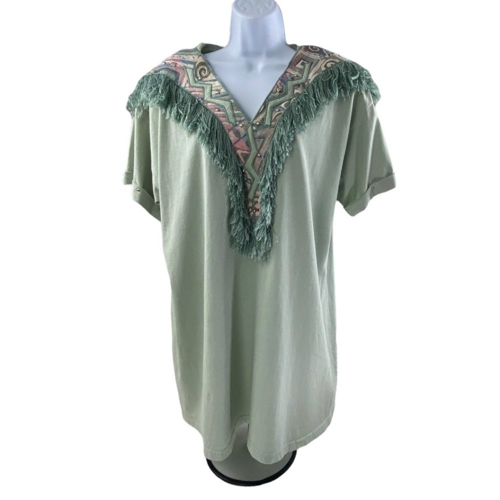Vintage Eclectic Western Bohemian Aztec Sage Green Top with Fringe size Medium